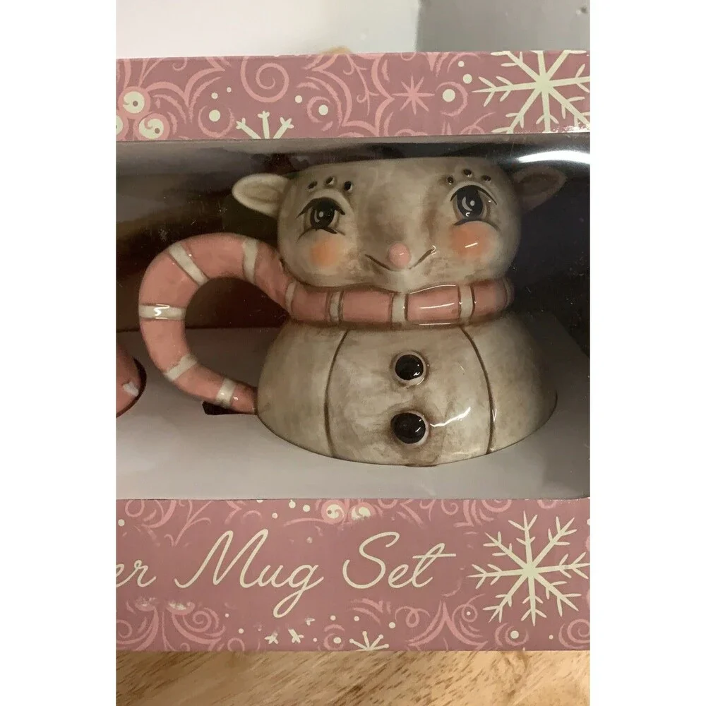 Johanna Parker Christmas Holiday Pink Santa & Reindeer Christmas Large Mug Set